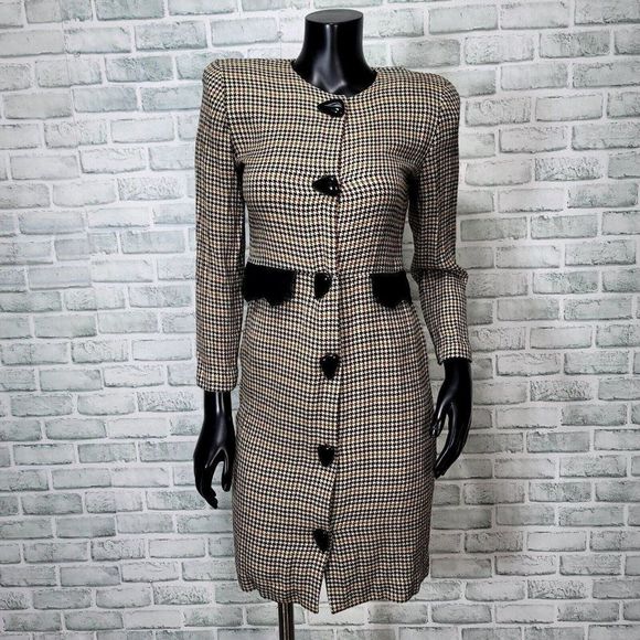 Vintage 80s‎ Cynthia Howie Petite 4 Houndstooth Button Down Dress Career Work - Picture 1 of 8